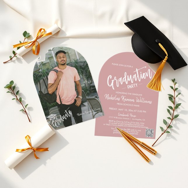 Dusty Pink Arch Photo Graduation Party QR Code Invitation (Creator Uploaded)