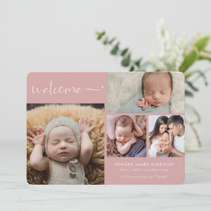 Dusty Pink Baby Girl Photo Collage Welcome Birth Announcement
