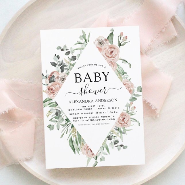 Dusty Pink Baby Shower Floral Greenery Invitation (Creator Uploaded)
