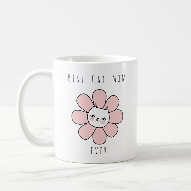 Dusty Pink Best Cat Mum Ever. Daisy Cat Coffee Mug (Left)