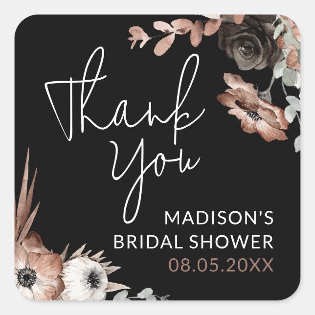 Dusty Pink & Black Floral Bridal Shower Thankyou  Square Sticker (Front)