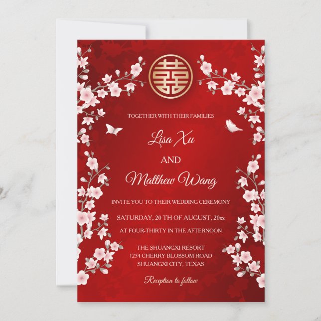 Dusty Pink  Blossom  Chinese Wedding Invitation (Front)