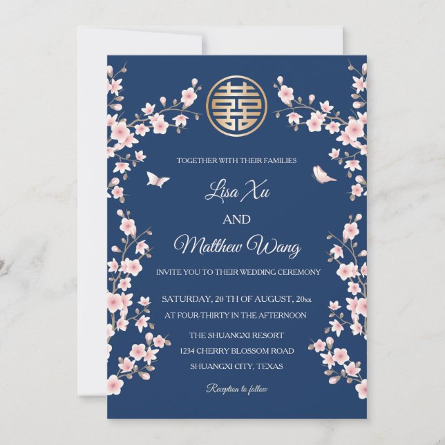  Dusty Pink Blue Cherry Blossom Chinese Wedding Invitation (Front)