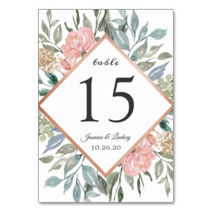 Dusty Pink Blue Floral Wedding Table Number