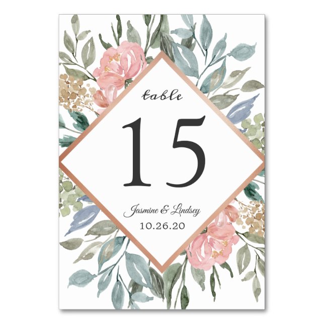 Dusty Pink Blue Floral Wedding Table Number (Front)