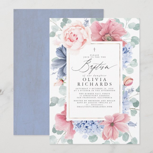 Dusty Pink Blue Flowers Elegant Girls Baptism Invitation (Front/Back)