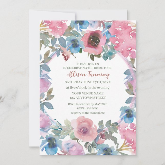 Dusty Pink Blue Rose Watercolor Bridal Shower Invi Invitation (Front)