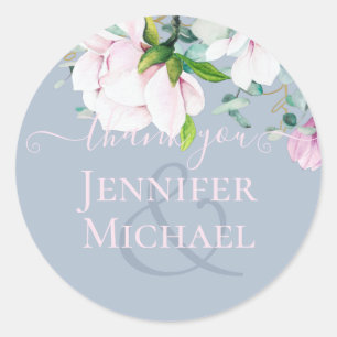 Dusty Pink Blue Sage Magnolias Eucalyptus ThankYou Classic Round Sticker