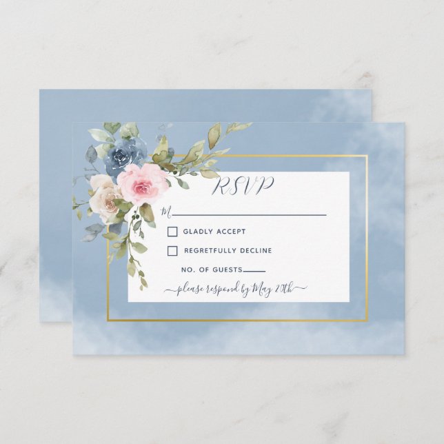 Dusty Pink Blue & White Roses Wedding RSVP Card (Front/Back)