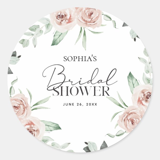 Dusty Pink Blush Floral Eucalyptus Bridal Shower Classic Round Sticker (Front)