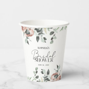 Dusty Pink Blush Floral Eucalyptus Bridal Shower Paper Cups
