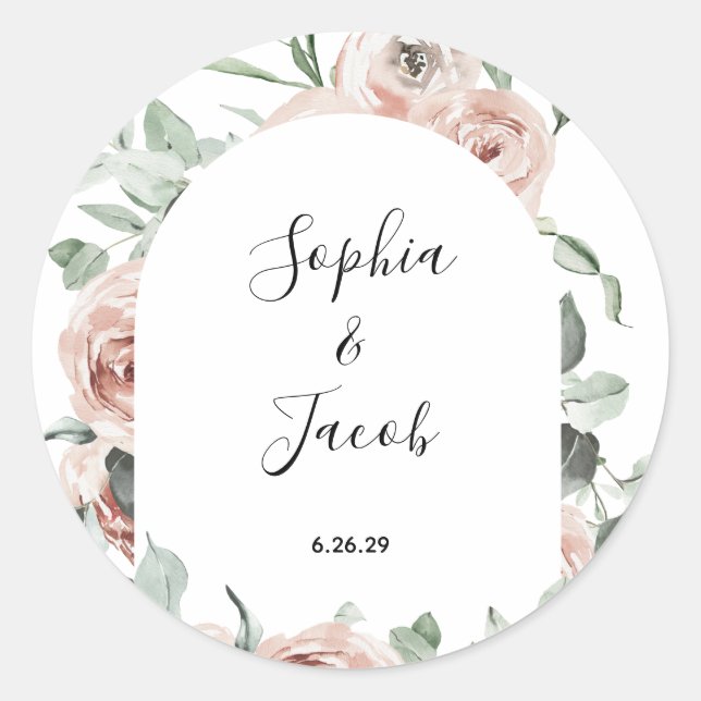 Dusty Pink Blush Floral Eucalyptus Wedding Classic Round Sticker (Front)