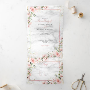 dusty pink blush pink greenery watercolor Photo Tri-Fold Invitation