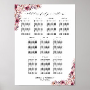 Dusty Pink Boho Floral 10 Tables Wedding Seating Poster