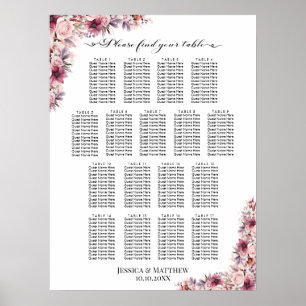 Dusty Pink Boho Floral 17 Tables Wedding Seating Poster