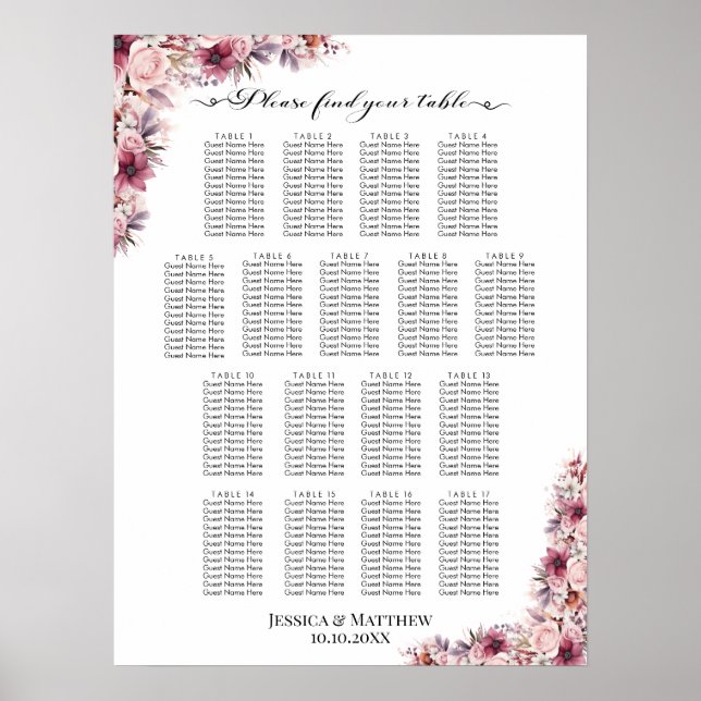 Dusty Pink Boho Floral 17 Tables Wedding Seating Poster (Front)