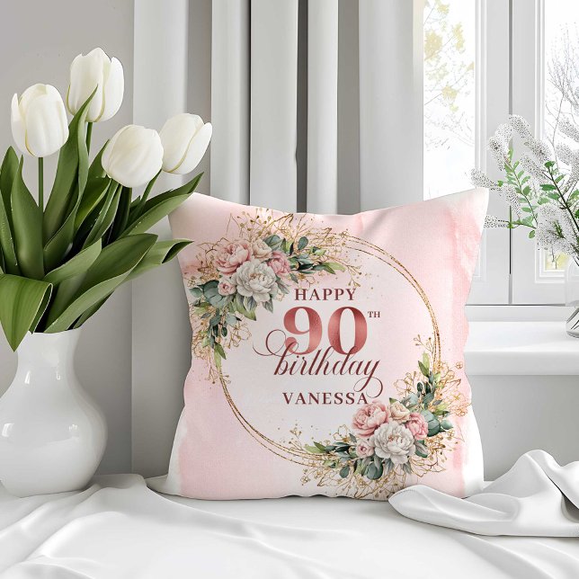 Dusty Pink Boho Floral 90th Birthday Pillow (Dusty Pink Boho Floral 90th Birthday Pillow)