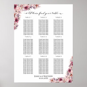 Dusty Pink Boho Floral 9 Tables Wedding Seating Poster