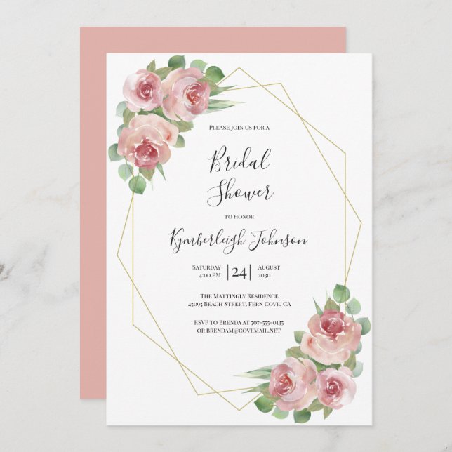 Dusty Pink Boho Floral Geometric Bridal Shower Invitation (Front/Back)