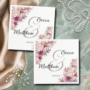 Dusty Pink Boho Floral Modern Script Wedding Napkin