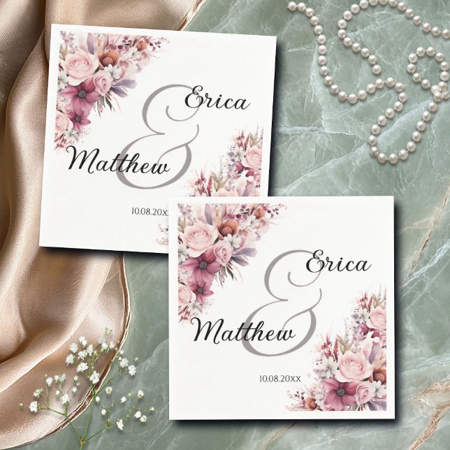 Dusty Pink Boho Floral Modern Script Wedding Napkin (Creator Uploaded)