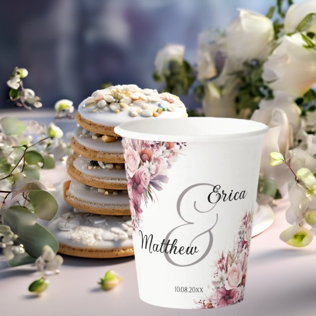 Dusty Pink Boho Floral Modern Script Wedding Paper Cups (Creator Uploaded)