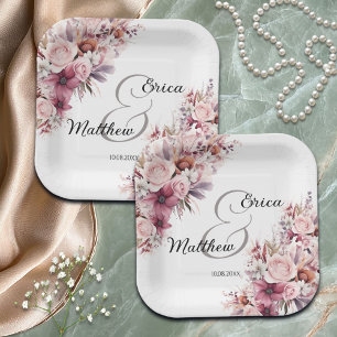 Dusty Pink Boho Floral Modern Script Wedding Paper Plate