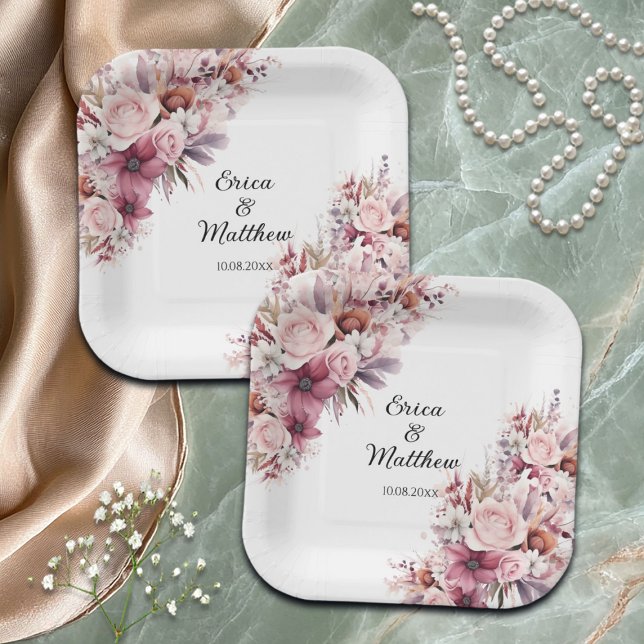 Dusty Pink Boho Floral Wedding  Paper Plate (Creator Uploaded)