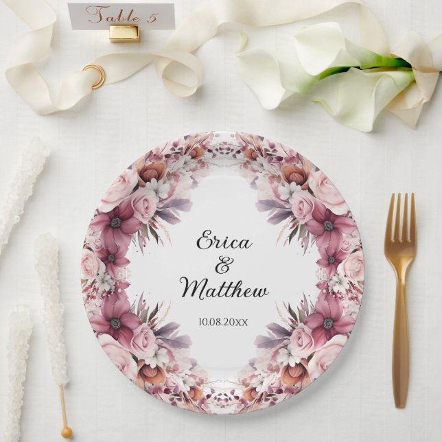 Dusty Pink Boho Floral Wedding  Paper Plate (Wedding)