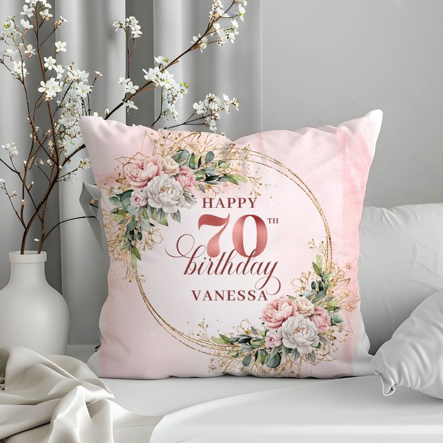 Dusty Pink Boho Flowers Gold Pillow 70th Birthday (Dusty Pink Boho Flowers Pillow 70th Birthday Pillow)