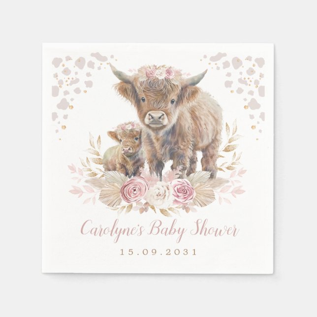 Dusty Pink Boho Highland Cow Girl Baby Shower Napkin (Front)