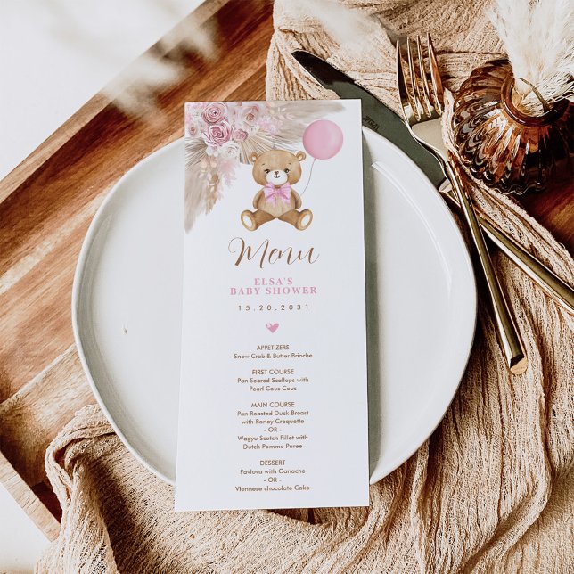 Dusty Pink Boho Teddy Bear Balloon Menu Card (Creator Uploaded)