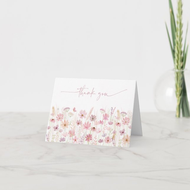 Dusty Pink Boho Wildflowers Baby Shower Thank You Card (Front)