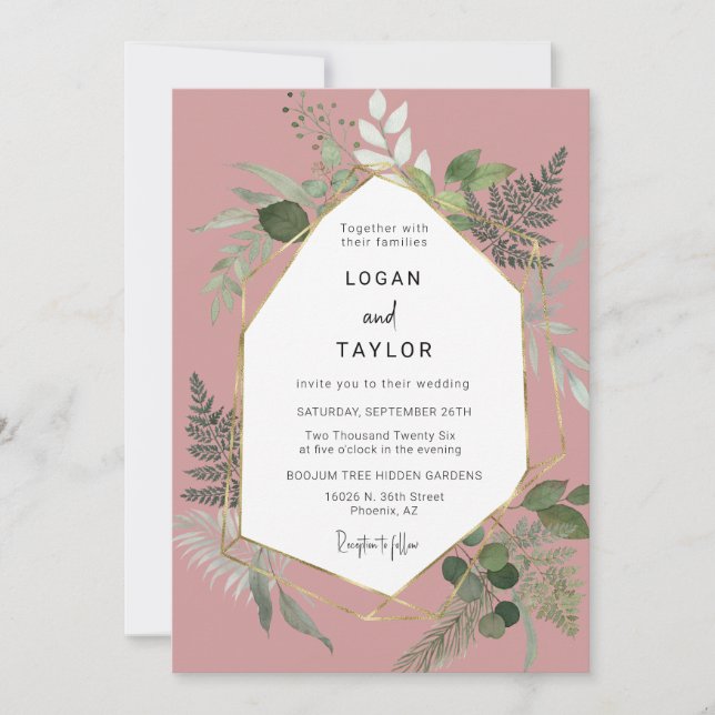 Dusty Pink Botanical Greenery Gold QR Code Photo Invitation (Front)