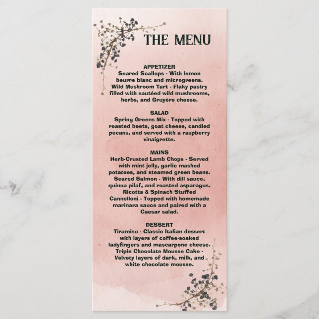 Dusty Pink Botanical Wedding Menu , Wedding Menu (Front)