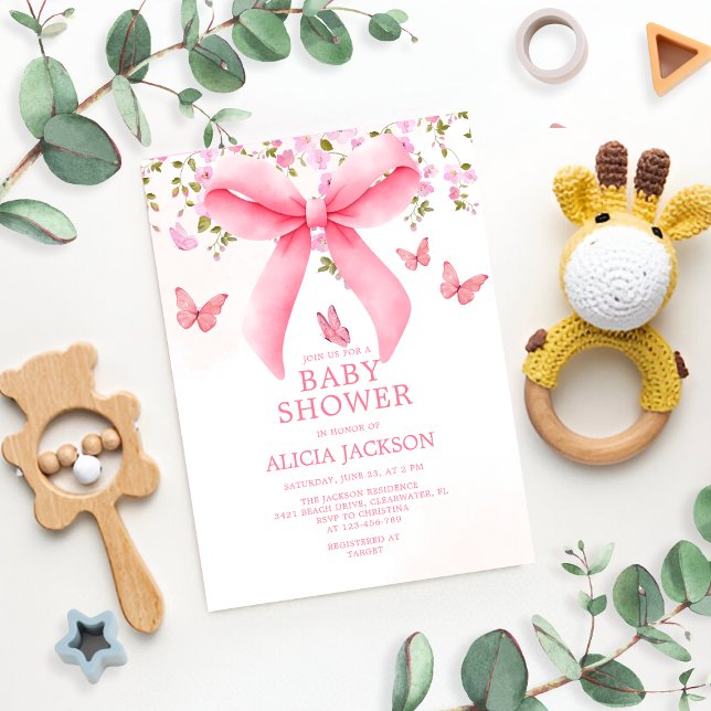 Dusty Pink Bow Floral Coquette Butterflies Baby Invitation (Creator Uploaded)