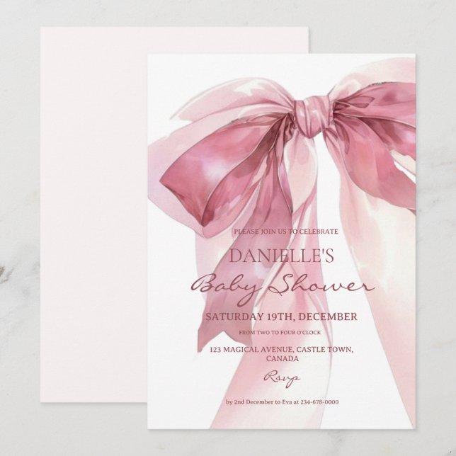 Dusty Pink Bow Girl Baby Shower  Invitation (Front/Back)