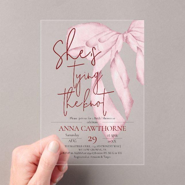 Dusty Pink Bow ⎮Modern Elegant Bridal Shower Acrylic Invitations (Insitu (Handheld))