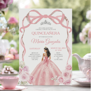 Dusty Pink Bow Princess Silver Crown Quinceañera Invitation
