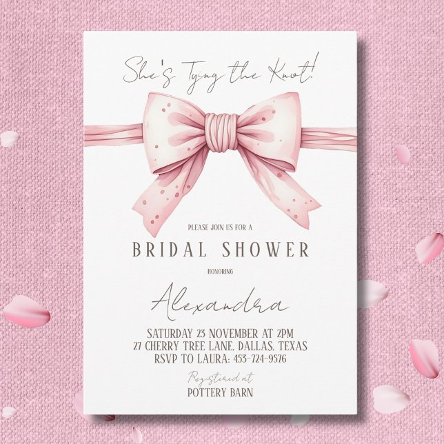 Dusty Pink Bow Shes Tying the Knot Bridal Shower Invitation (Creator Uploaded)