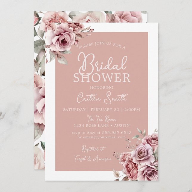 Dusty Pink Bridal Shower Invitation Floral Rose (Front/Back)