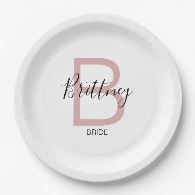 Dusty Pink Bride Monogram Paper Plate (Front)