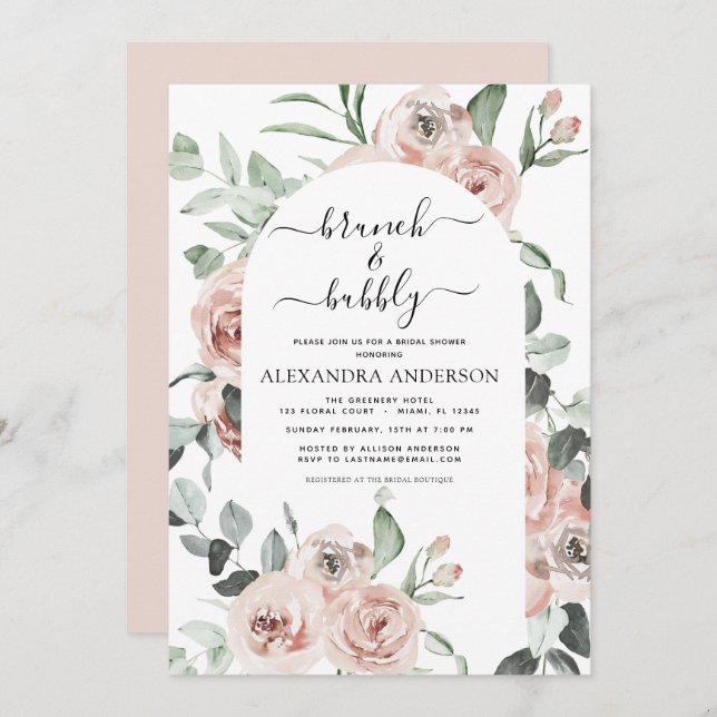 Dusty Pink Brunch & Bubbly Bridal Shower Greenery Invitation (Front/Back)