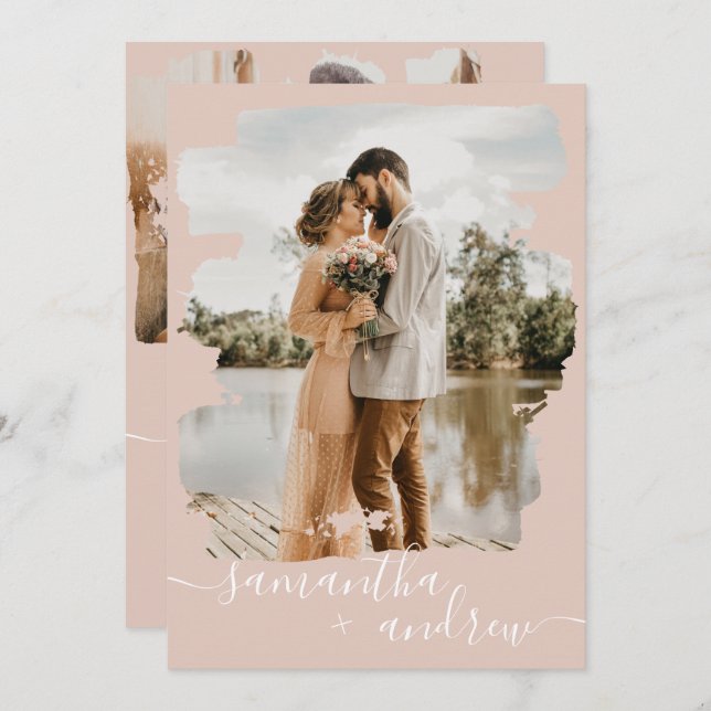 Dusty pink brushstroke script 2 photos wedding invitation (Front/Back)