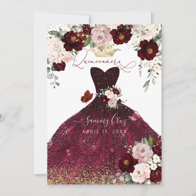 Dusty Pink Burgundy Blush Flowers Quinceanera Invitation (Front)