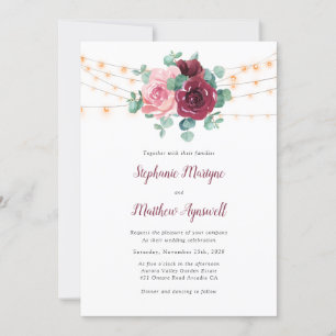 Dusty Pink Burgundy Eucalyptus Lights Wedding Invitation