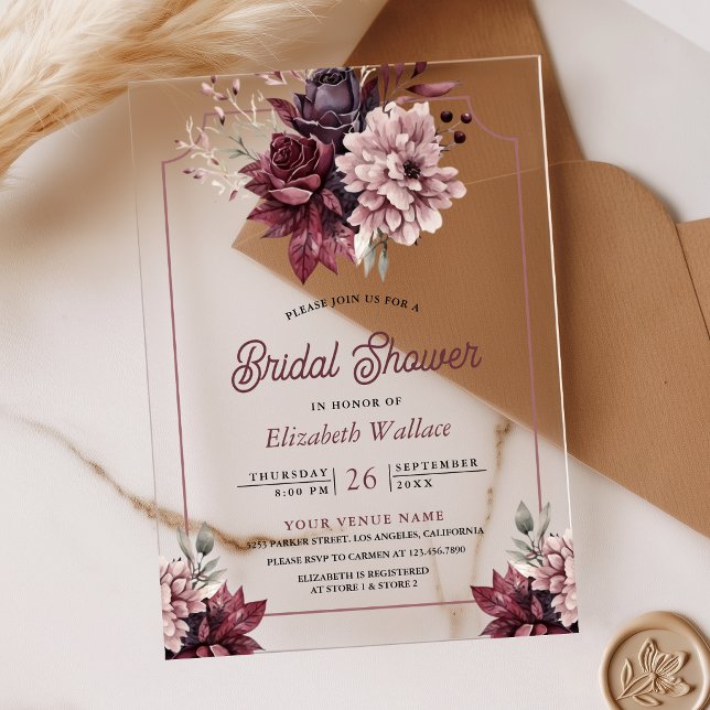 Dusty Pink Burgundy Floral Bridal Shower Acrylic Invitations (Creator Uploaded)