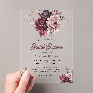 Dusty Pink Burgundy Floral Bridal Shower Acrylic Invitations