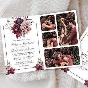Dusty Pink Burgundy Floral Frame QR Code Wedding Invitation
