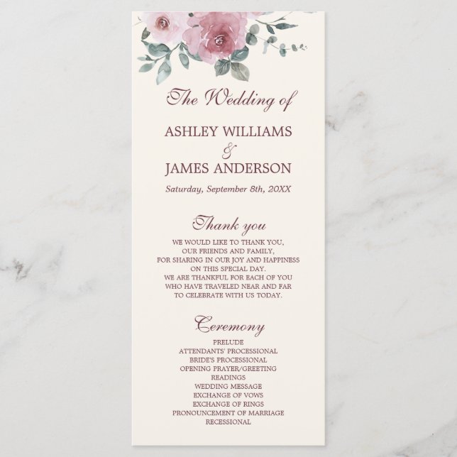 Dusty Pink Burgundy Floral Ivory Wedding Program Programme (Front)